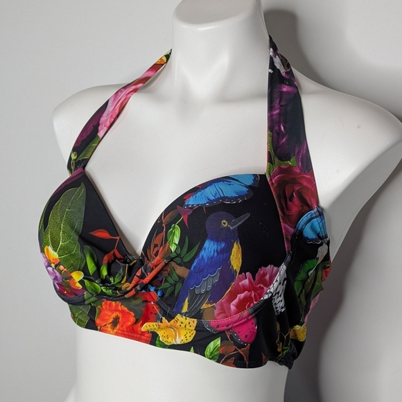 Peddney Black Colorful Flower Bird Butterfly Halter Tie Bikini Top L - Picture 2 of 9